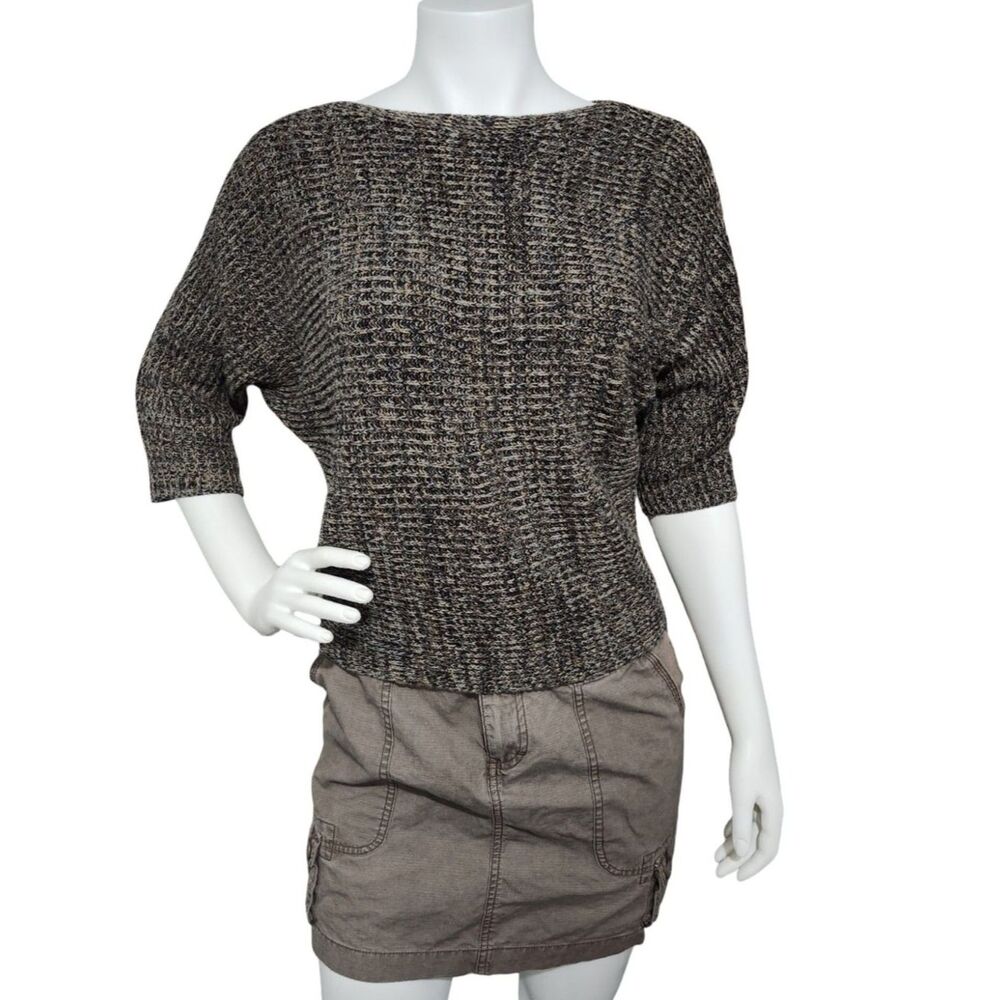 Calvin Klein Jeans Brown Tan Gray Marled Knit Boatneck Dolman 3/4 Sleeve Sweater